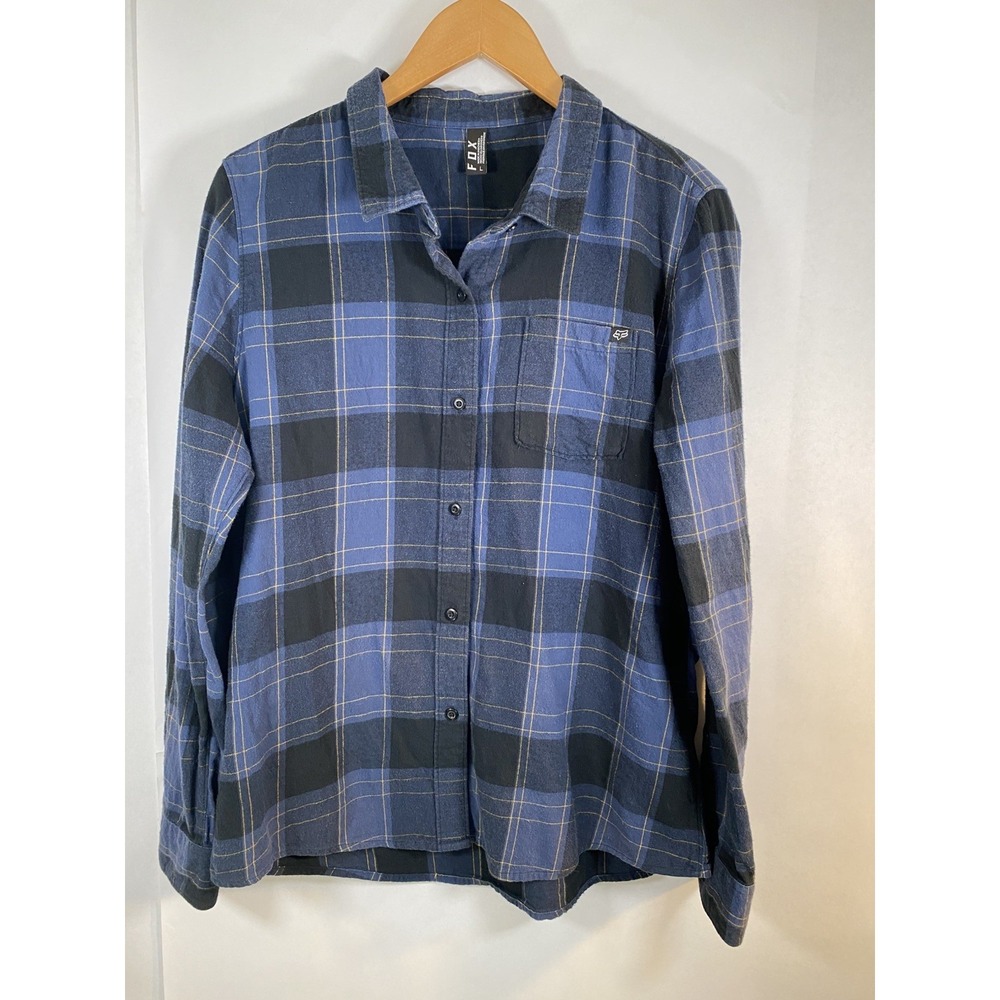 Fox Racing Flannel Shirt Men's Large Blue/Black Plaid Button Up Long Sleeve